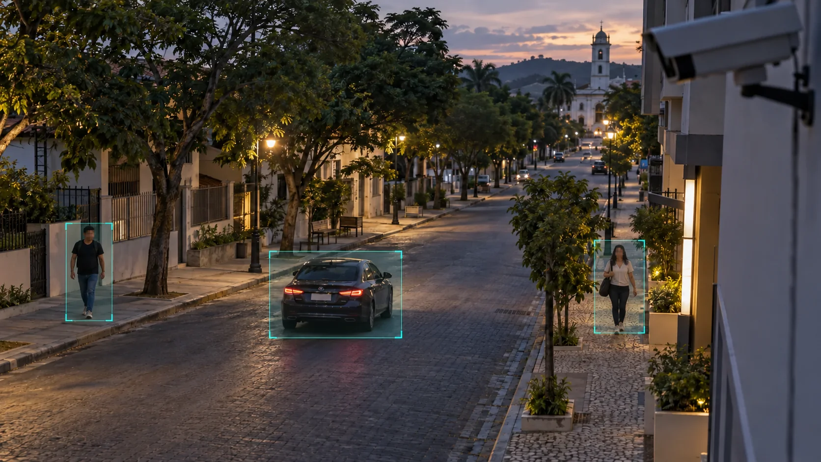 Rua com pessoas e veículo destacados por análise de imagem