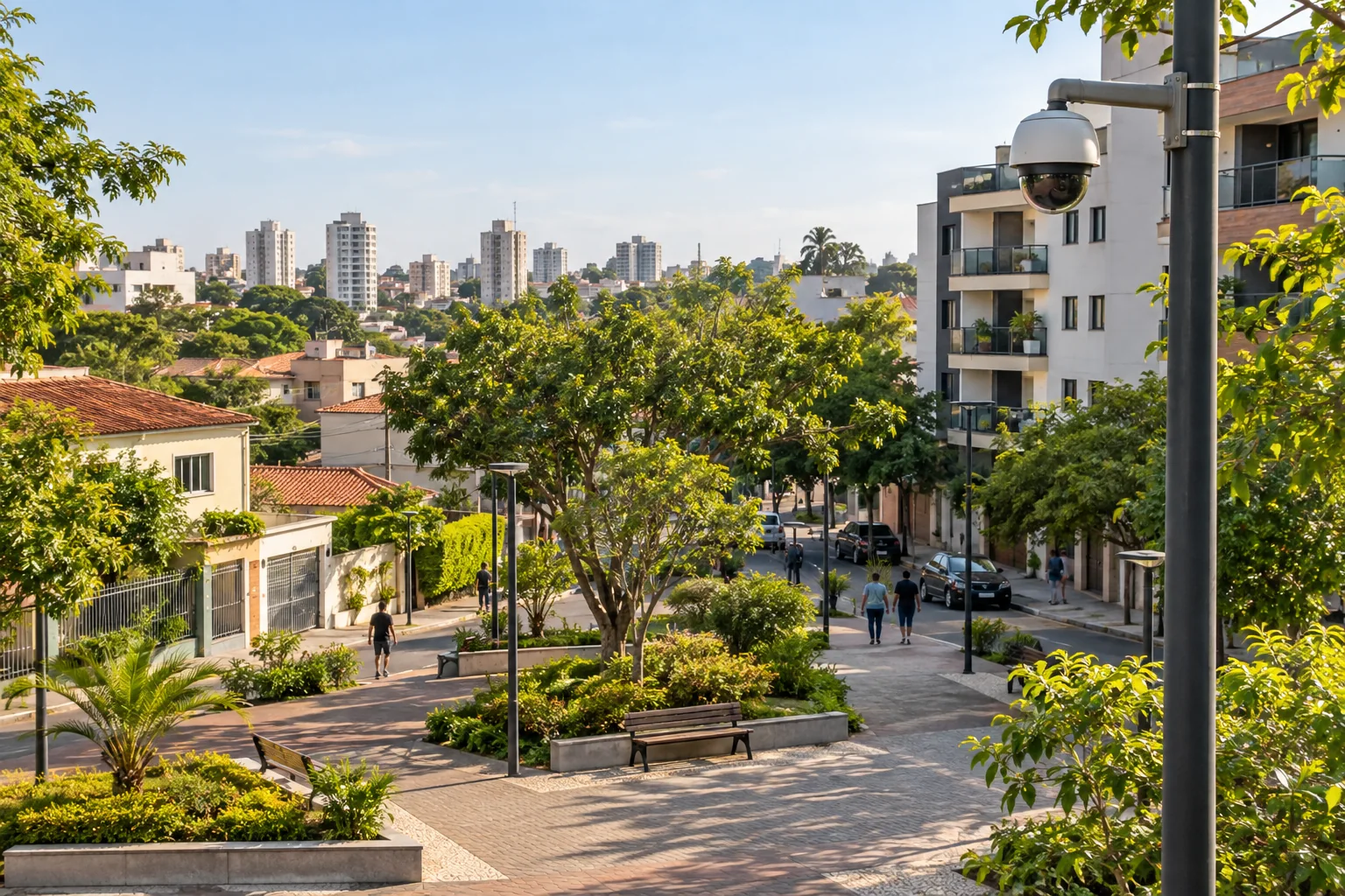 Praça de um bairro brasileiro em uma cena ilustrativa